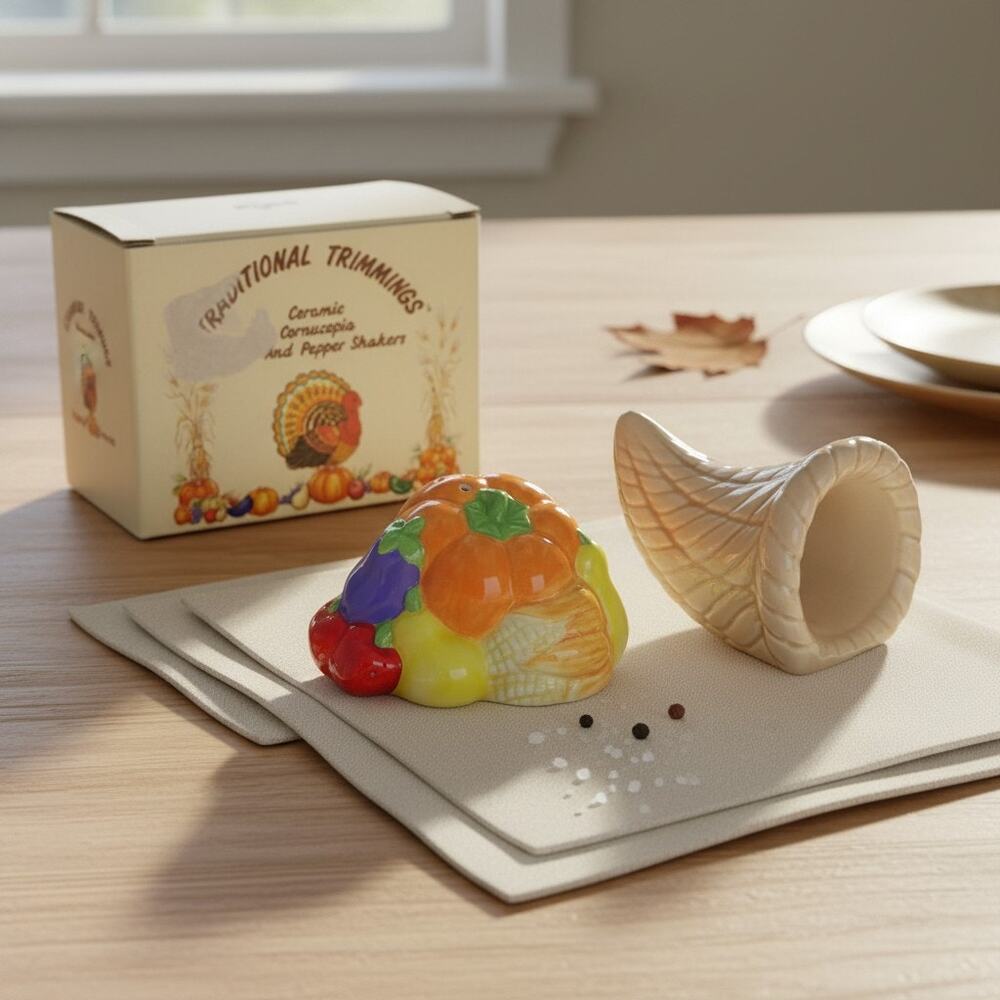 NIB Ceramic Traditional Cornucopia Salt and Pepper Shakers - Russ Berrie #15603